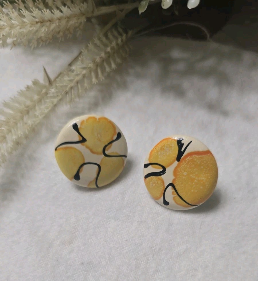 Vintage Pierced Earrings Large Round Yellow Black Cream Enamel 1.75\