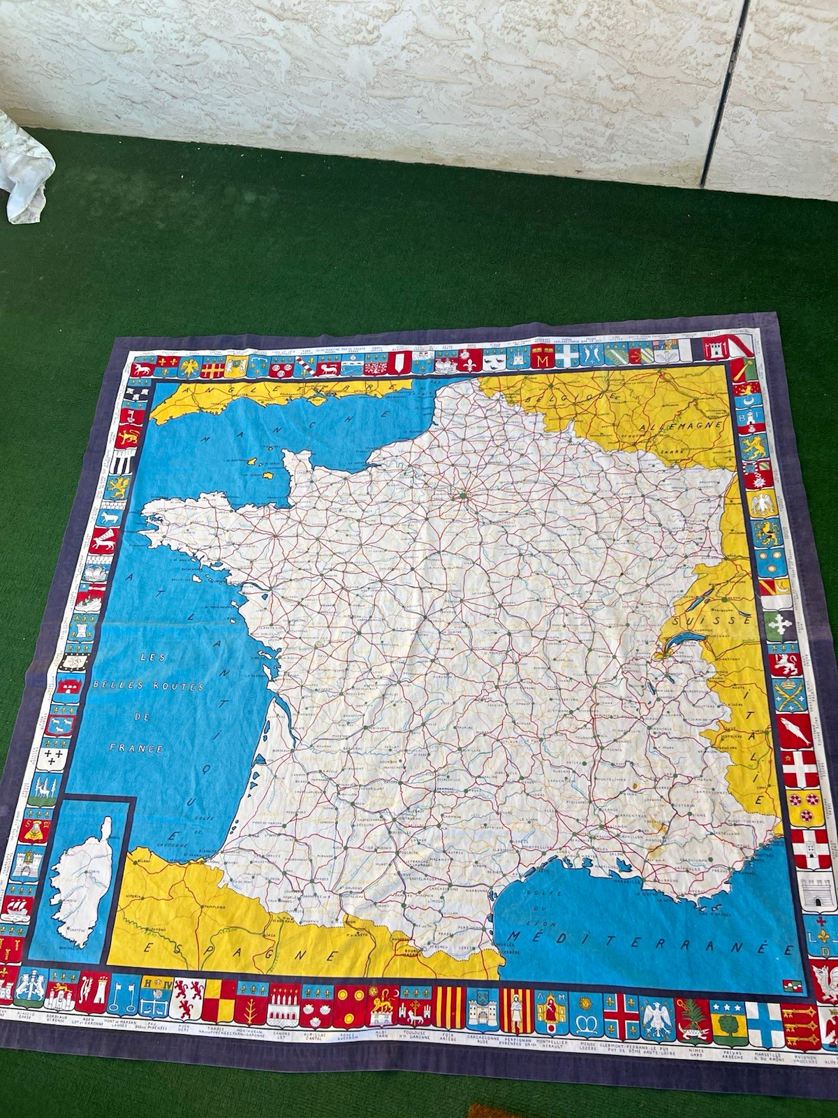 Vintage French Map Fabric Les Belles Routes de FranceRegional Coats of Arms1950s