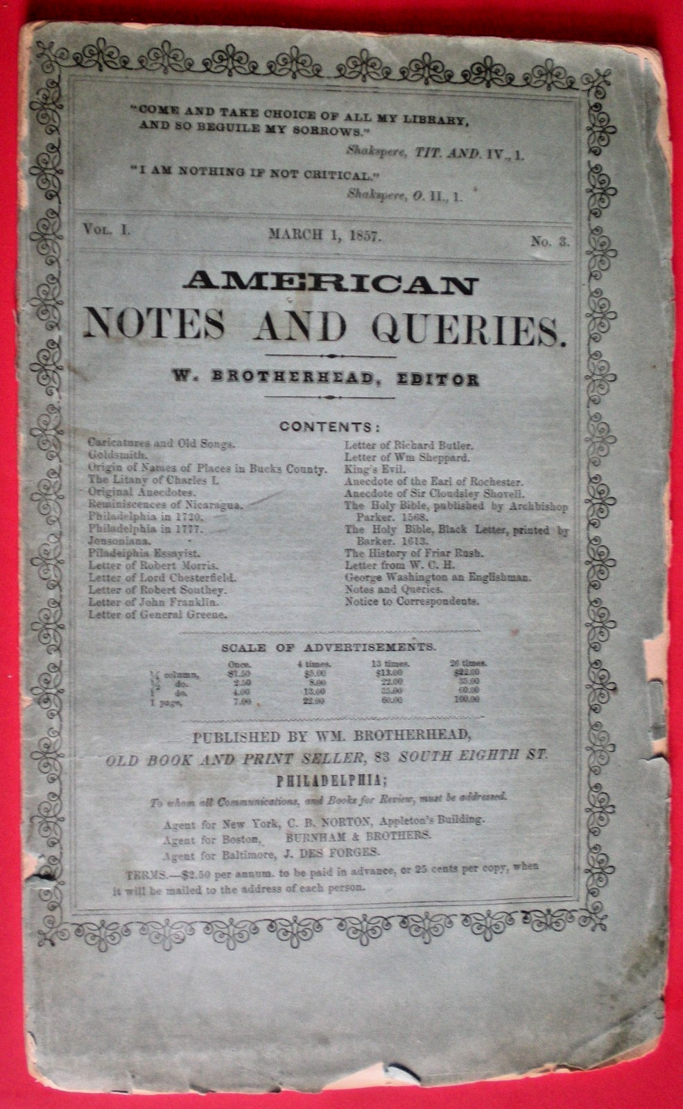 Rare 1857 Antiquarian Periodical: American Notes and Queries (Vol. 1, No. 3)