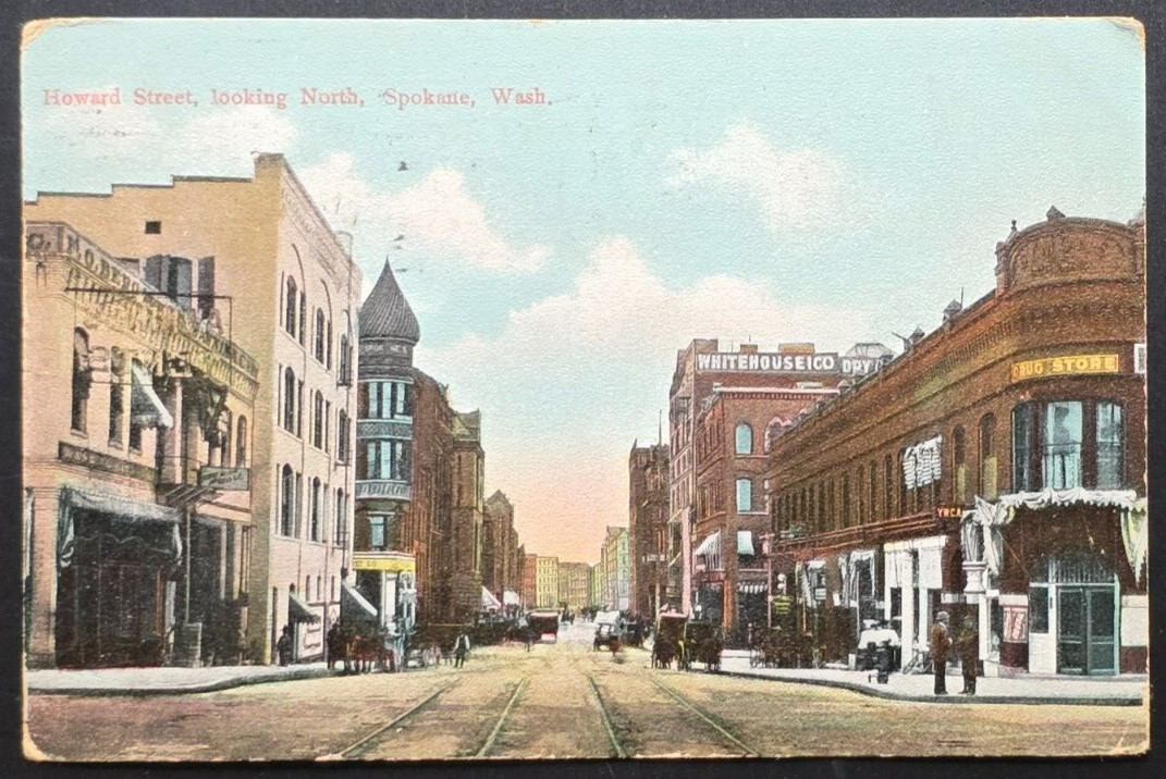 1909 Spokane WA Postcard Howard Street Looking North Horse Carriages