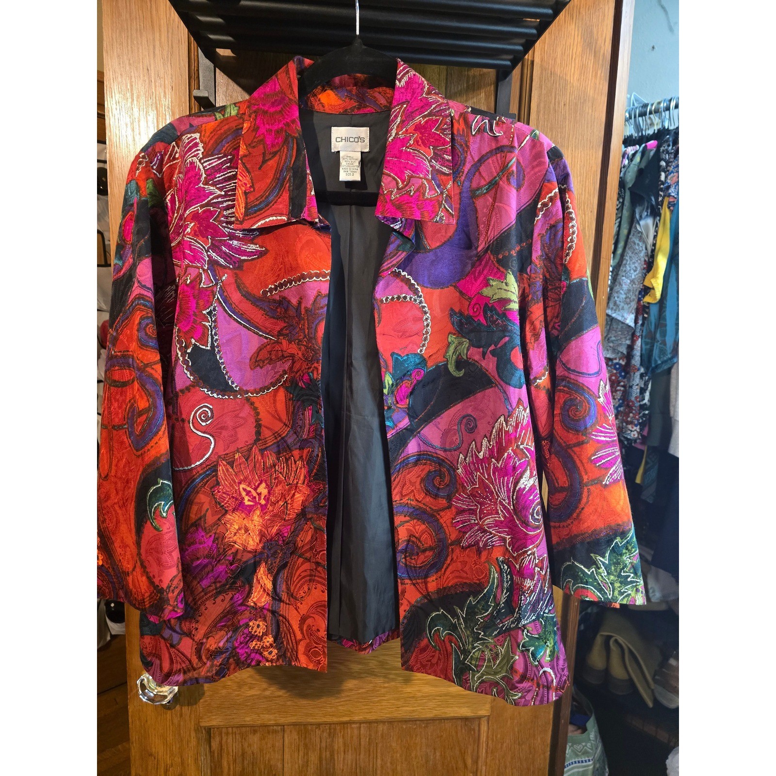 Chico\'s Size 2 Multicolor Cotton Silk Open Front 3/4 Sleeve Blazer Jacket L Chico\'s Size 2 Multicolor Cotton Silk Open Front 3/4 Sleeve Blazer Jacket L