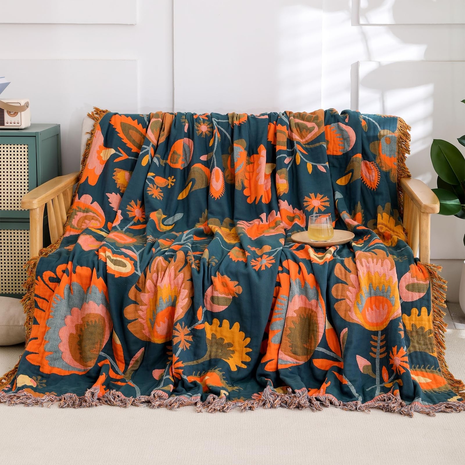 Snycler Boho Throw Blanket for Bed, 100% Organic Cotton Muslin Soft Throw-Ora...