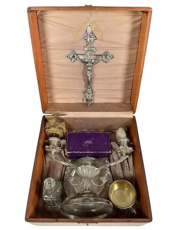 Antique Homan Silver Plate Catholic Sick Call Last Rites Kit w/ Box c.1897-1905