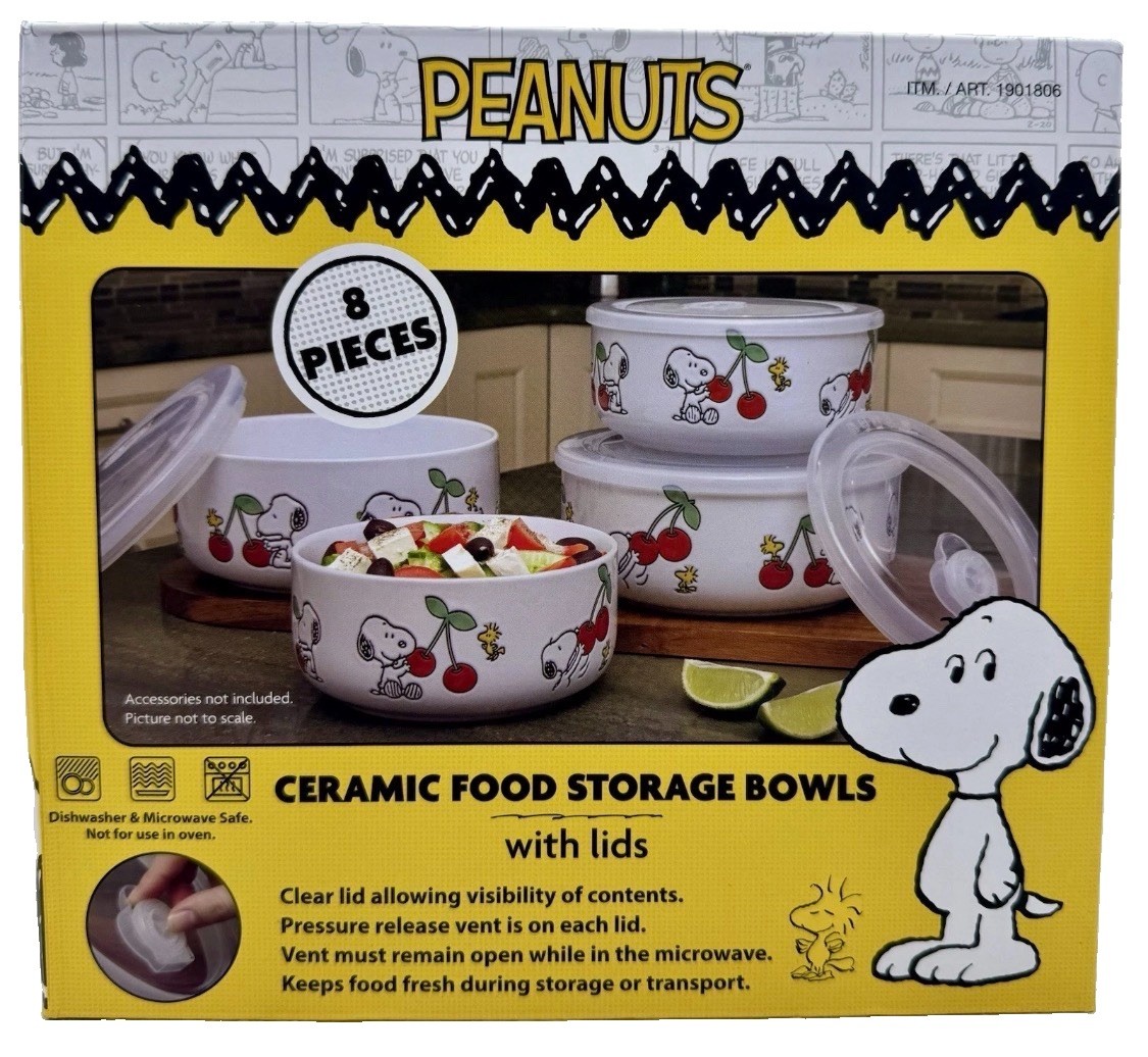 Peanuts Snoopy 8 Piece Ceramic Food Storage set Bowls With Lids Cherries Costco Peanuts Snoopy 8 Piece Ceramic Food Storage set Bowls With Lids Cherries Costco