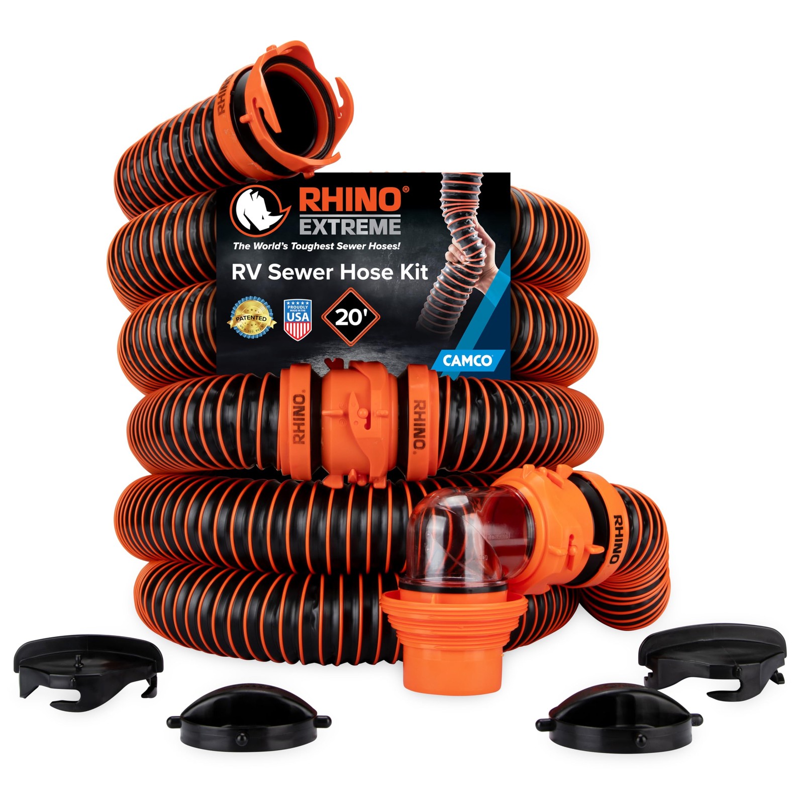 Camco RhinoEXTREME 20ft RV Sewer Hose Kit 4in1 Adapter 1 Pack Camco RhinoEXTREME 20ft RV Sewer Hose Kit 4in1 Adapter 1 Pack
