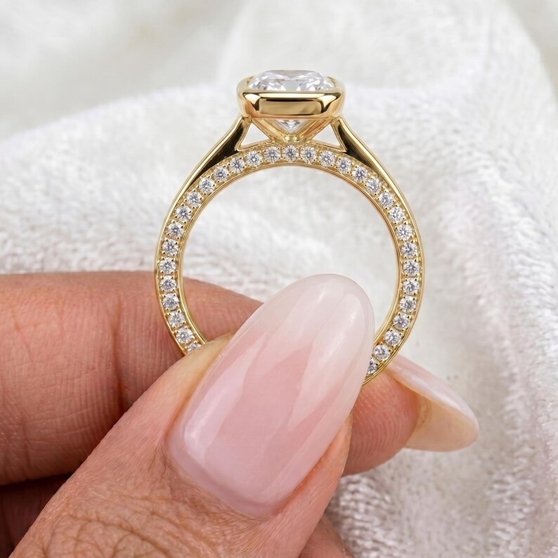 3CT Cushion-Cut EF/VS1 Lab Grown Diamond Bezel Wedding Ring 14K Yellow Gold