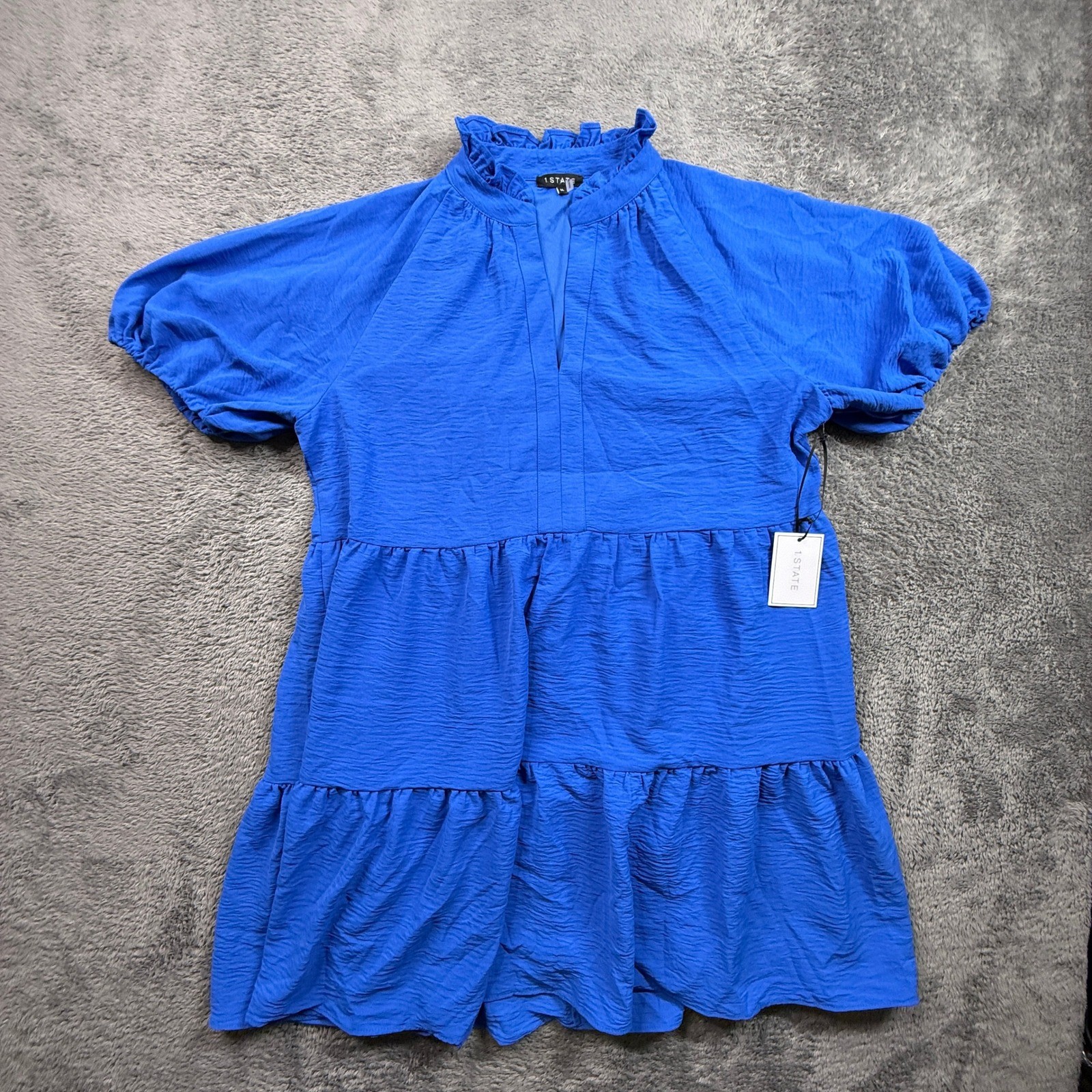 1.STATE Tiered Midi Dress Womens XL Blue NWT Ruffle Neck Puff Sleeve Textured