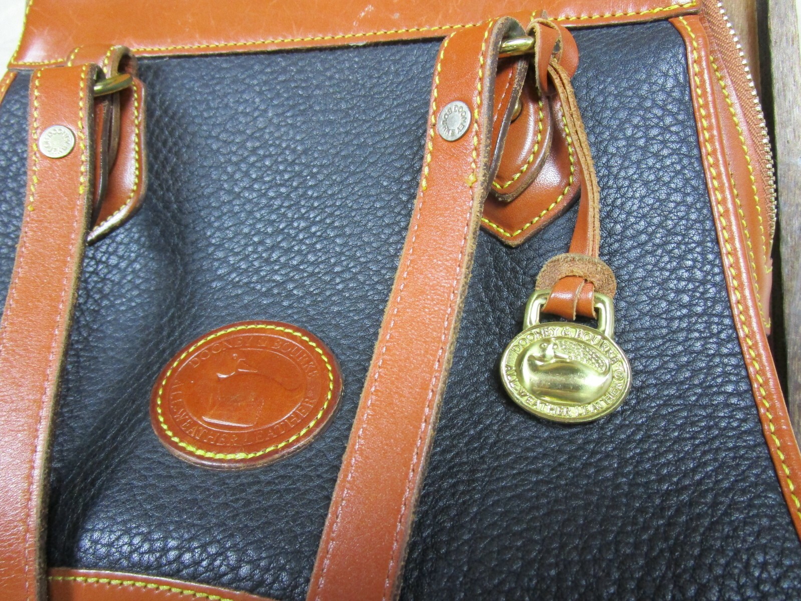 Vintage Dooney & Bourke Bag All Weather Leather USA Rare Brown/Black Two Tone Vintage Dooney & Bourke Bag All Weather Leather USA Rare Brown/Black Two Tone