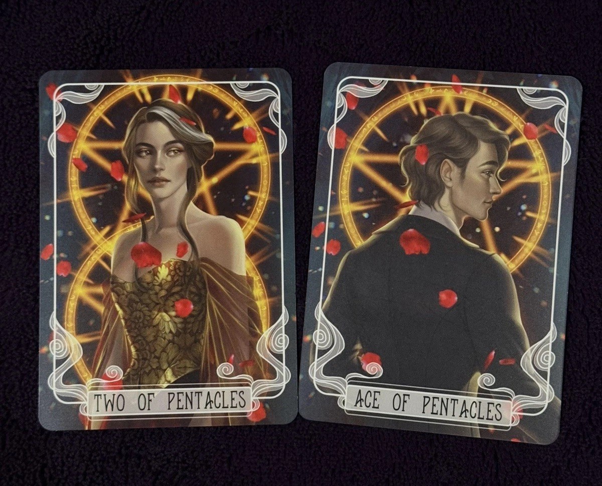 Fairyloot Tarot Cards Ace and Two of Pentacles. Scarlett & Julian (Caraval) Fairyloot Tarot Cards Ace and Two of Pentacles. Scarlett & Julian (Caraval)