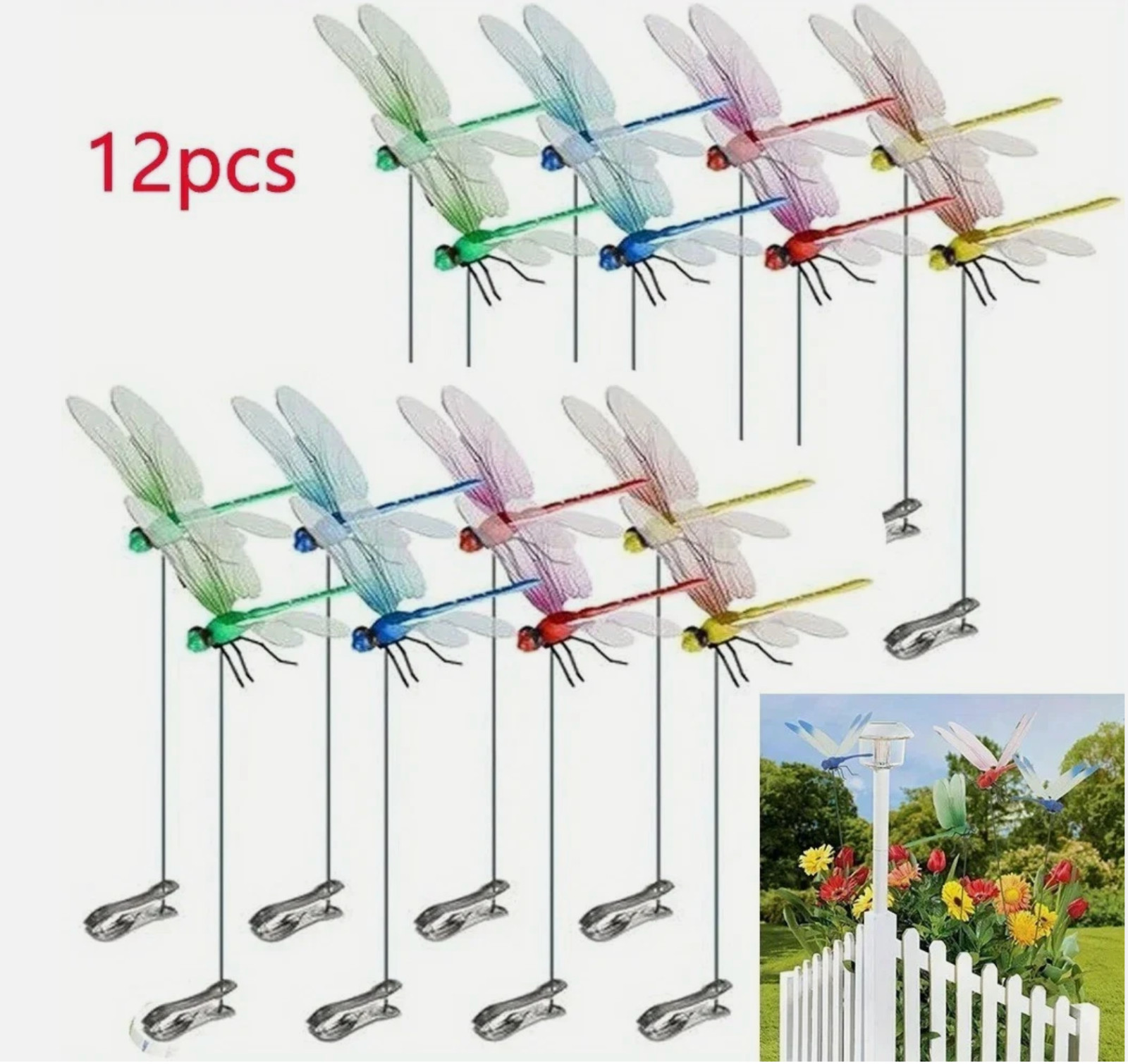 12 Fake Dragonfly Clips Clip on Dragonfly for Outdoors 3D Dragonfly Garden Decor