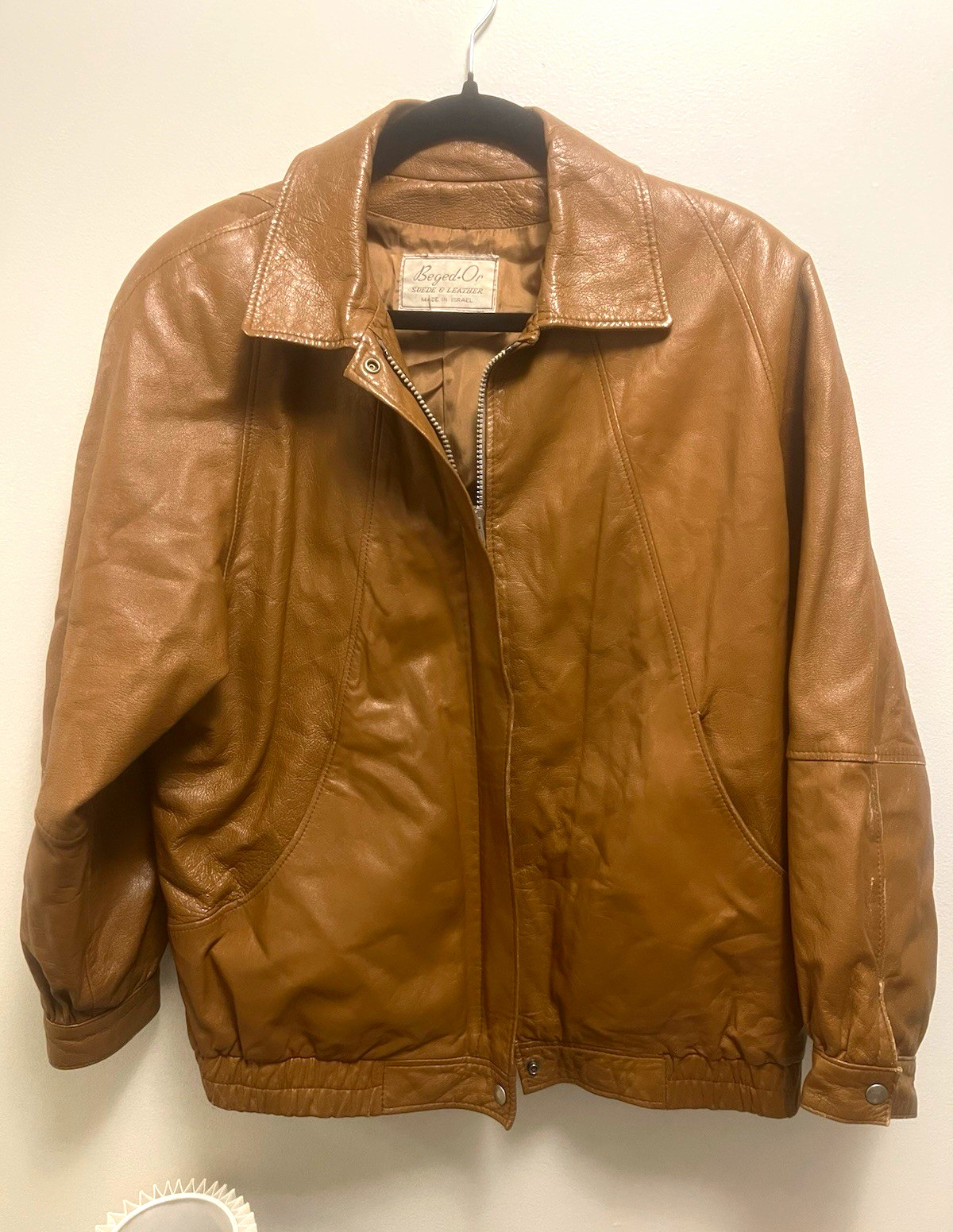 VTG 70s Beged-Or Cognac Brown Leather Bomber Jacket Made in Israel Size 42