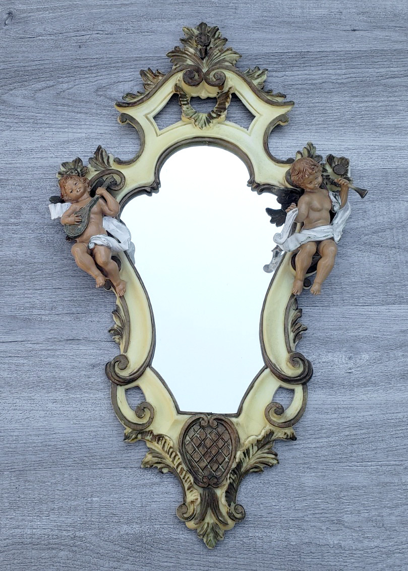 Vintage Italian Cherub Wall Mirror Baroque Rococo Musician Putti Italy 22