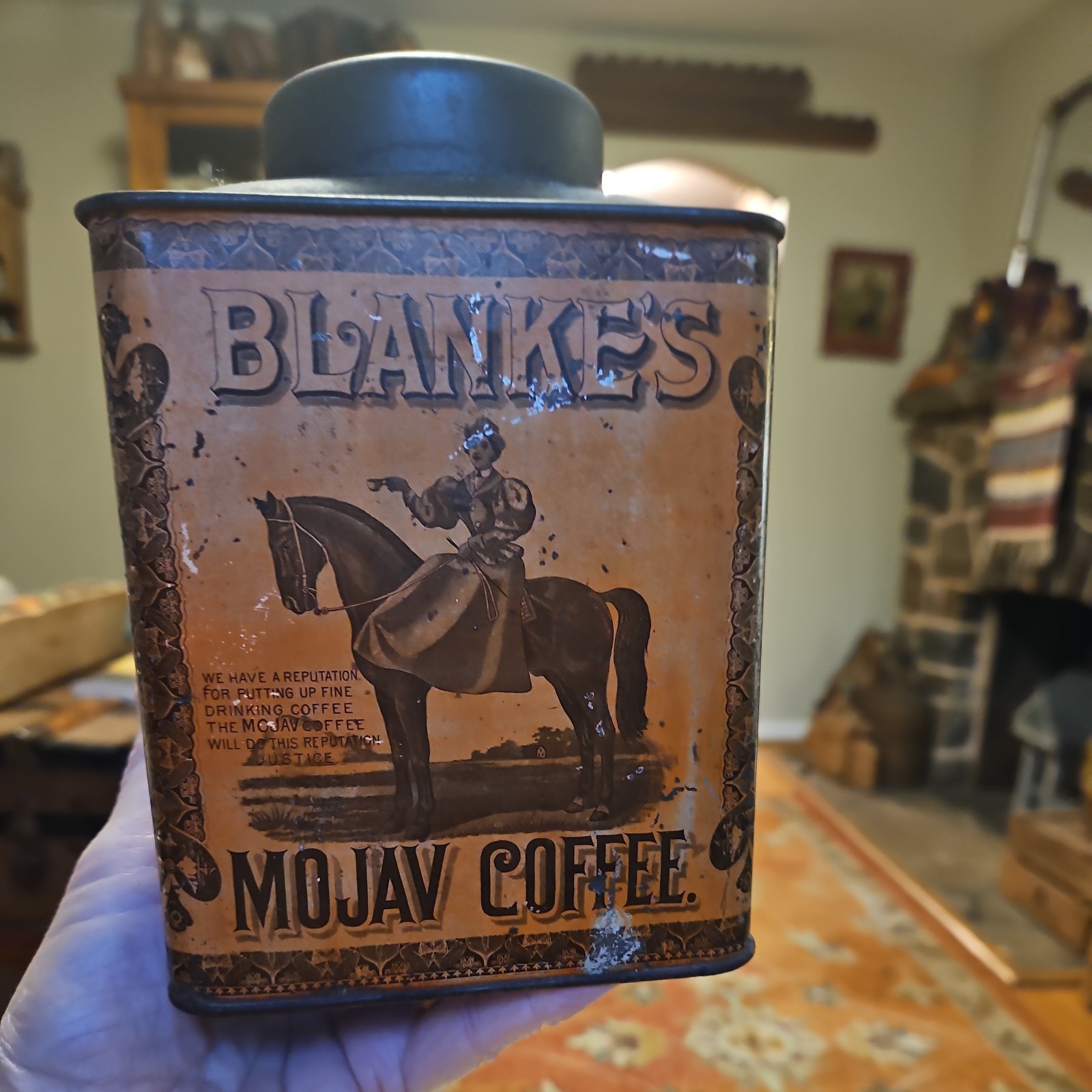 Antique BLANKE\'S MOJAV COFFEE TIN St. Louis MO Lady On Horse, Great Graphics 