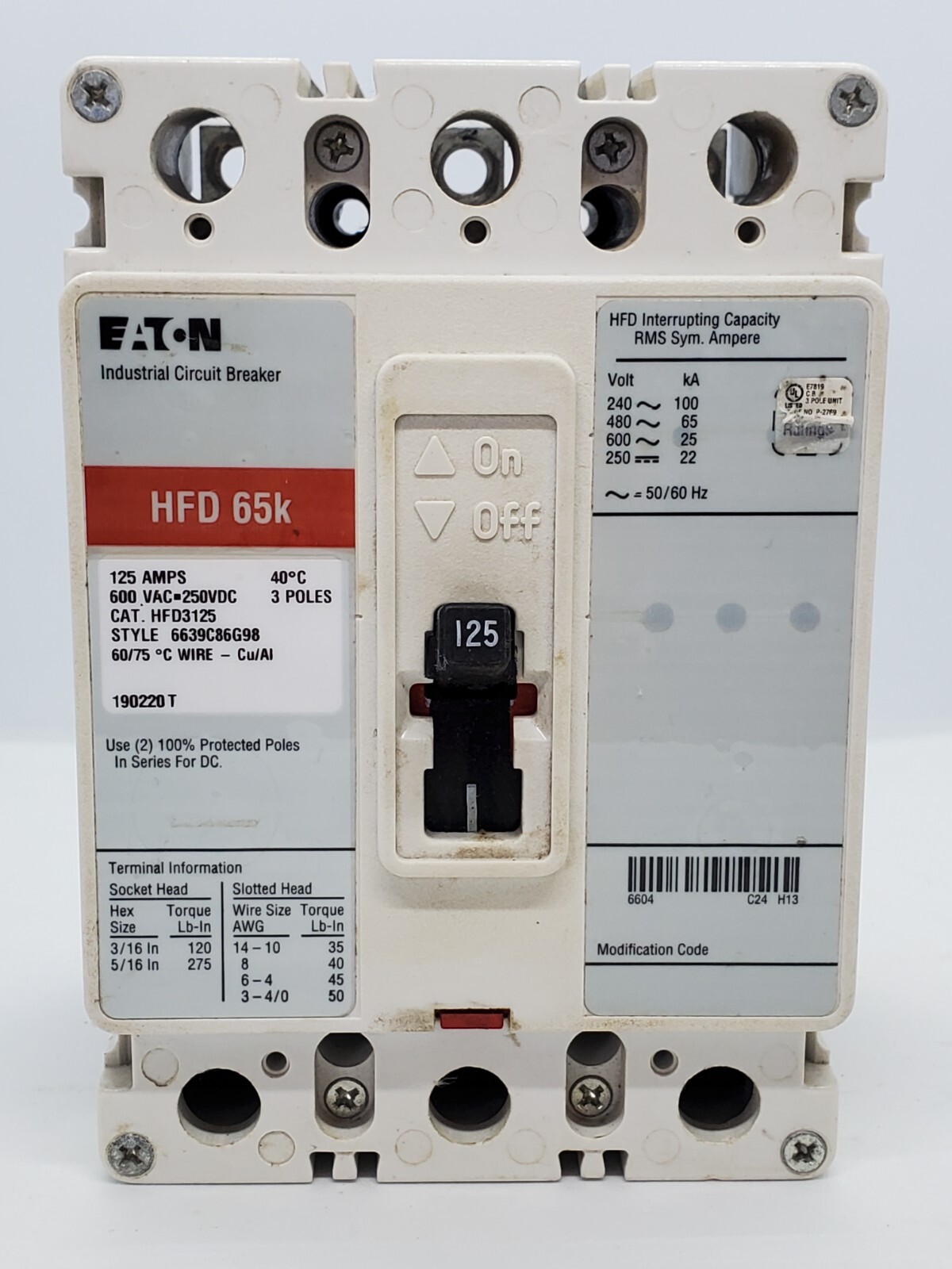 Eaton - HFD3125 3 Pole, 125A, 600V Series C, F-Frame Breaker
