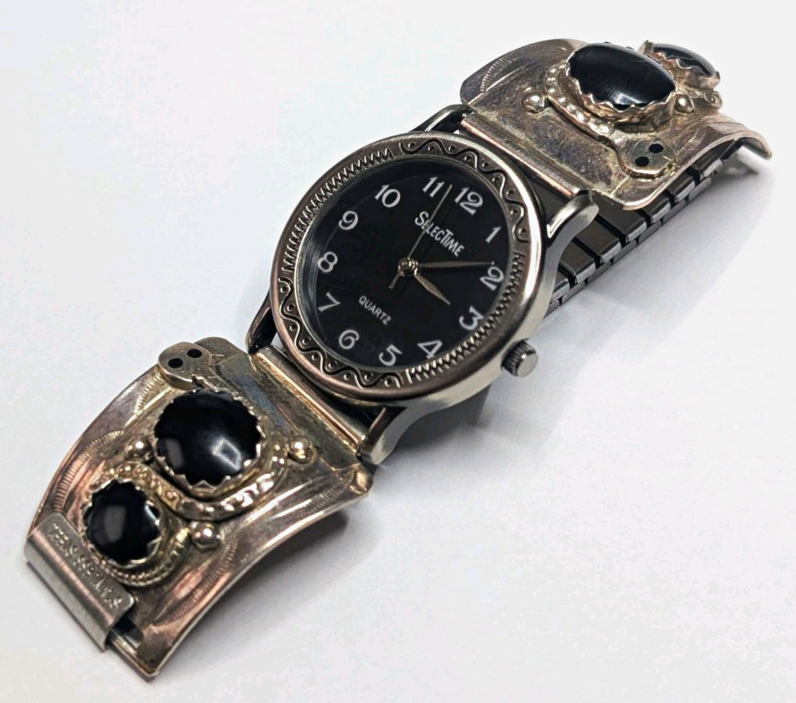 Effie Calavaza Zuni Sterling Silver Black Onyx Snake Watch Tips Signed Effie C