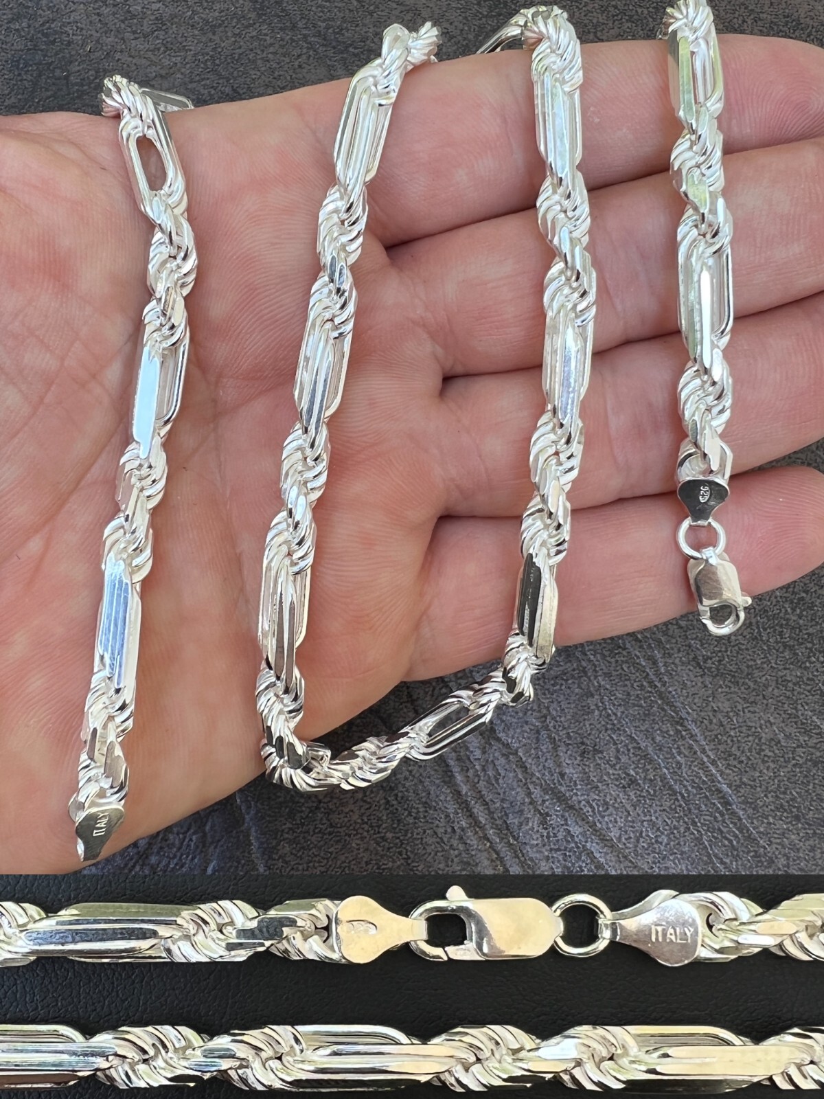 Men\'s FigaRope Chain Real Solid 925 Sterling Silver Necklace Bracelet 6mm Milano