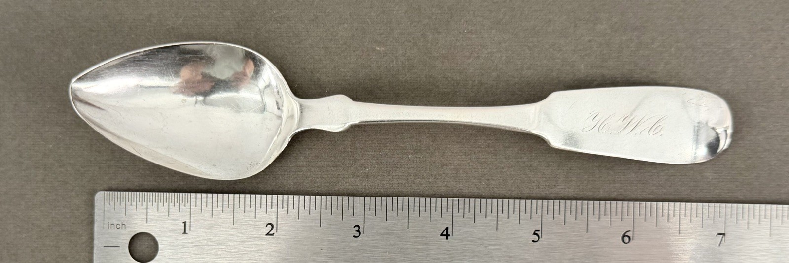  1850s Coin Silver  7.5” Spoon W.M. Root & Brother Pittsfield MA Fiddle Pattern 