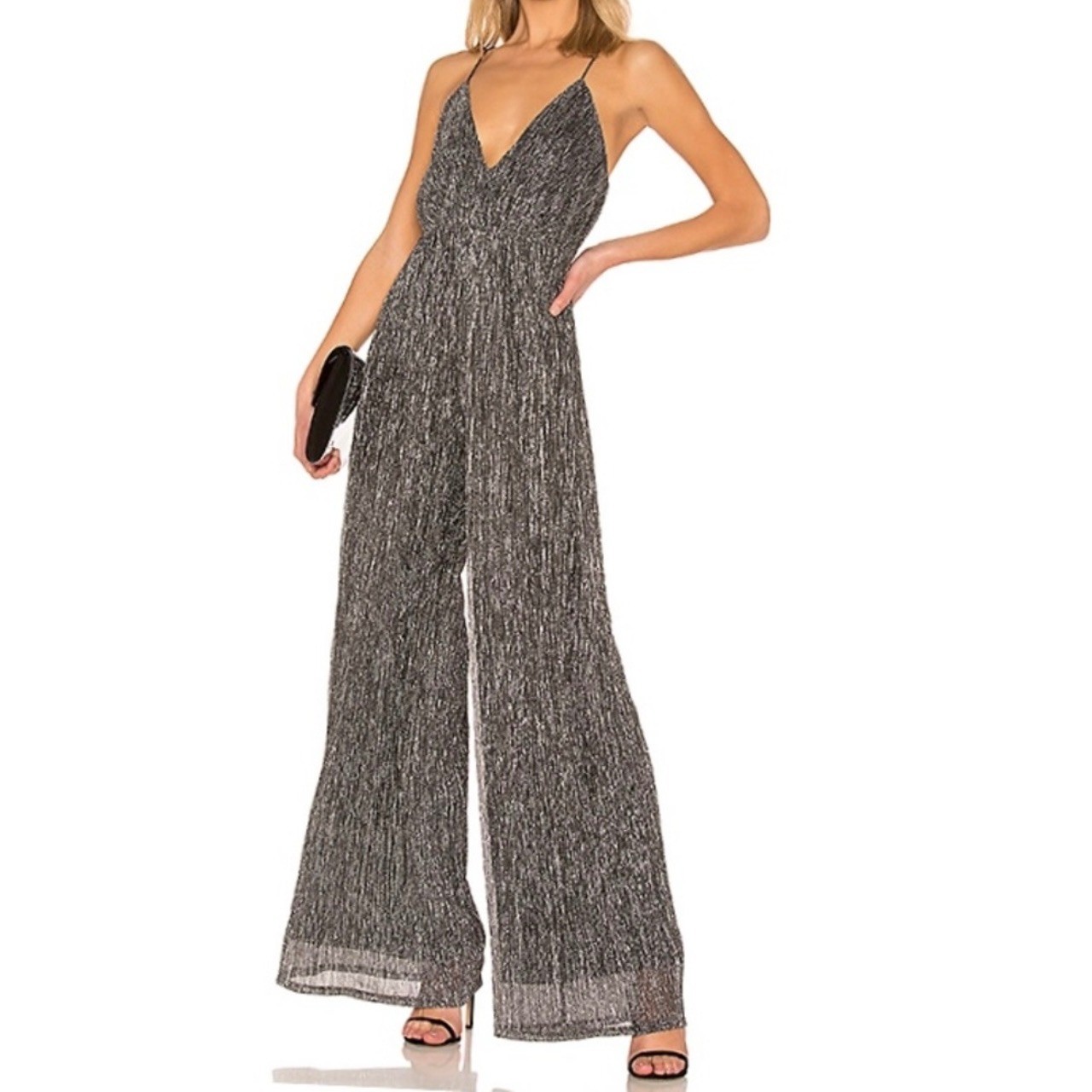 NWT Halston Heritage Sparkle Wide Leg Strappy Jumpsuit Large Disco Silver Party