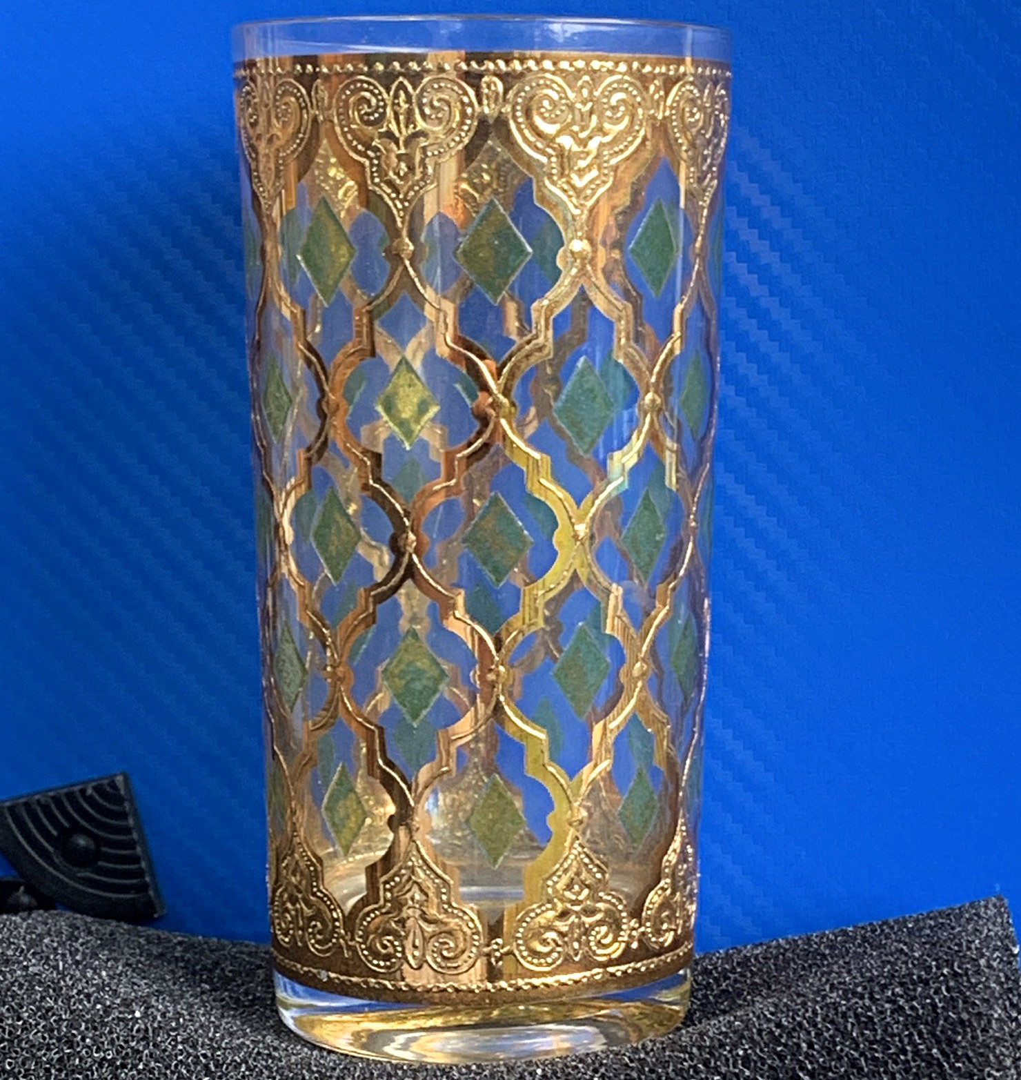 Vintage Culver Geometric 22-ct Gold & Green 12oz Highball Tumbler Glass Moroccan