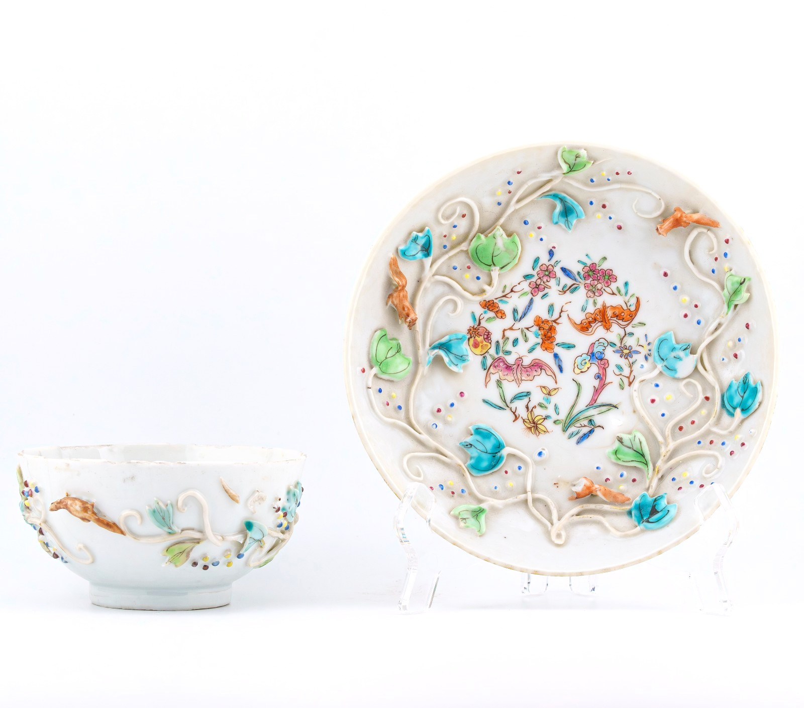 Chinese Yongzheng Porcelain Cup Saucer Relief Squirrel Famille Rose Qing 18C