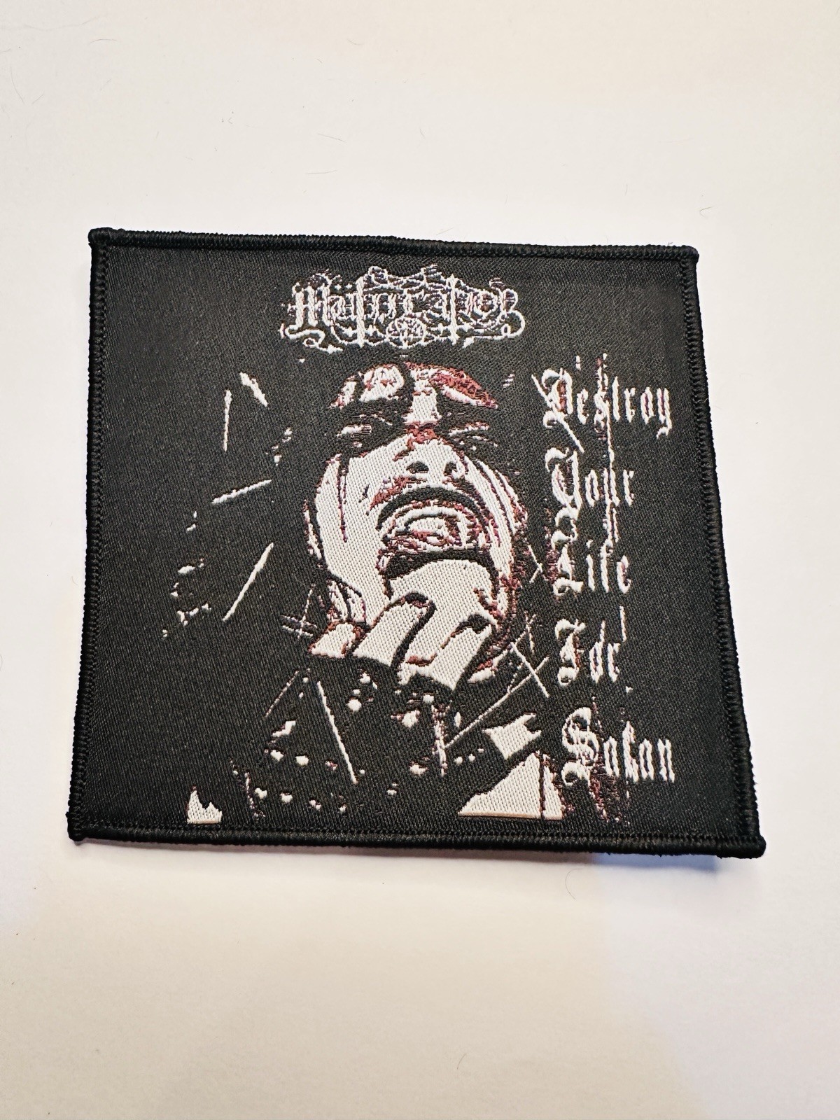 MUTIILATION DESTROY YOUR LIFE FOR SATAN VER. 2 BLACK BRDR 4X4 WOVEN PATCH