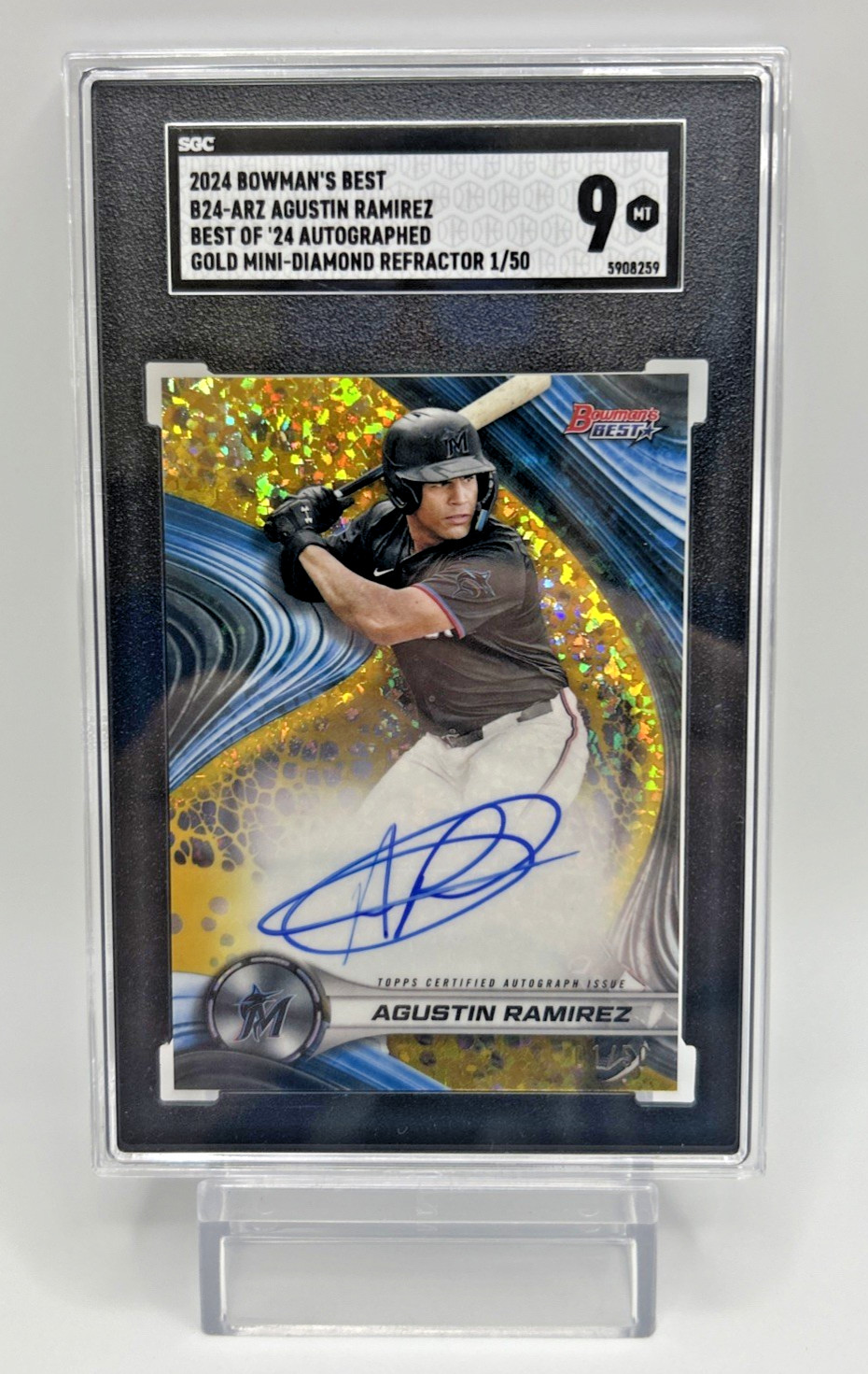 2024 Bowman\'s Best Agustin Ramirez Gold Mini-Diamond Auto 1/50 SGC 9