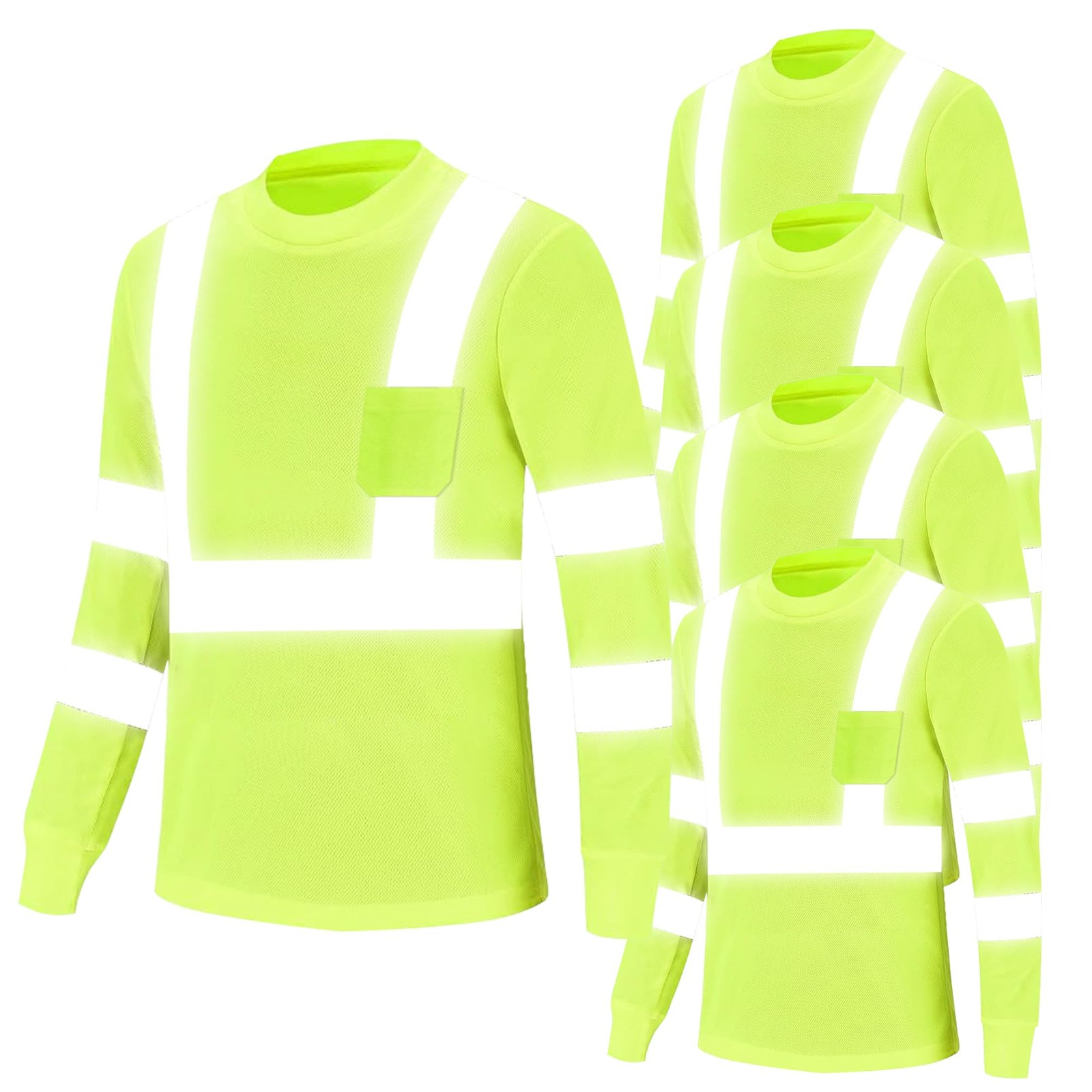 New Olym Men\'s Hi Vis Reflective Safety Long Sleeve Tee with Pocket, 5-Pack New Olym Men\'s Hi Vis Reflective Safety Long Sleeve Tee with Pocket, 5-Pack