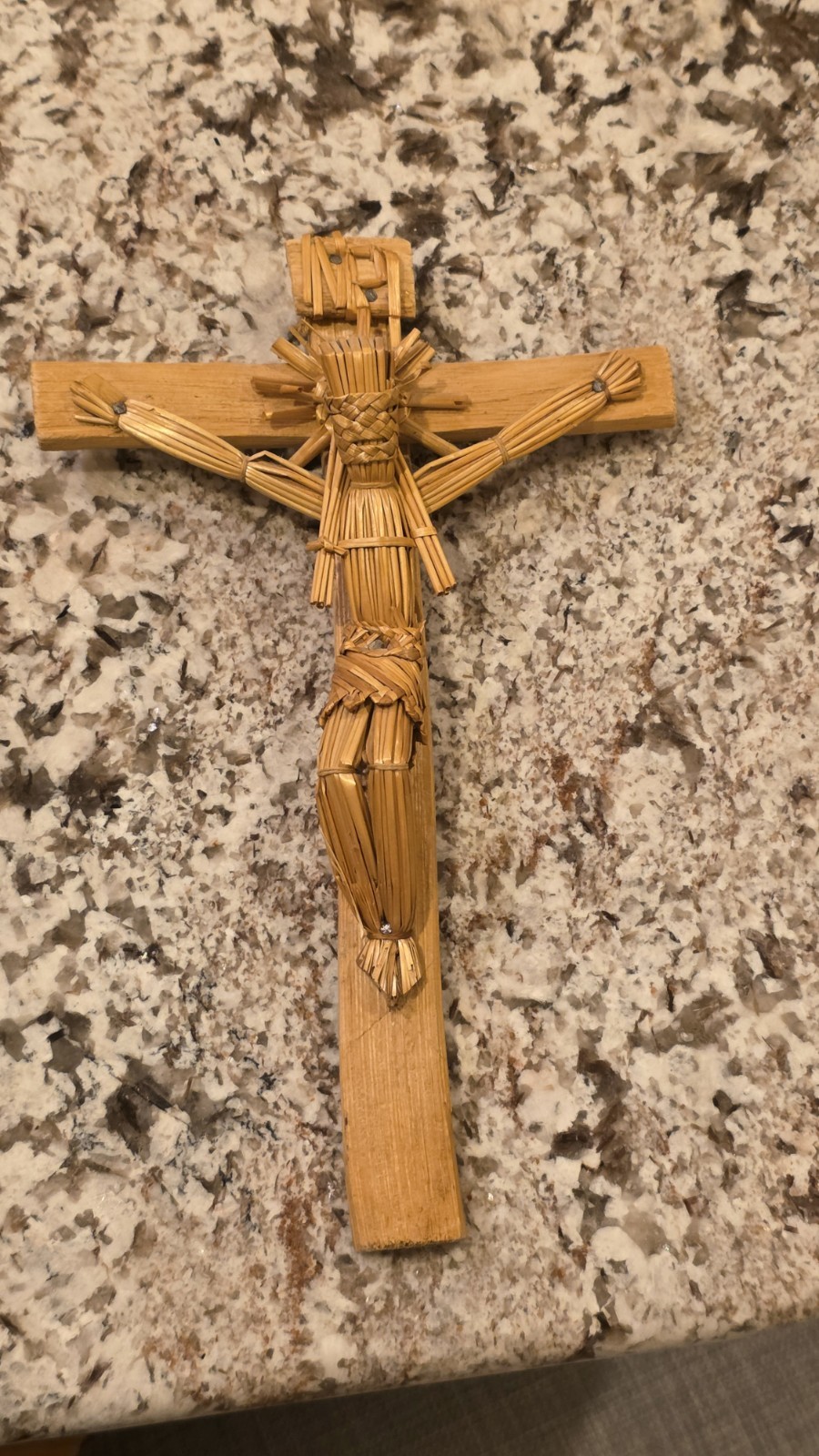Vintage Mexican Folk Art Woven Straw Crucifix Cross on Wood Base 