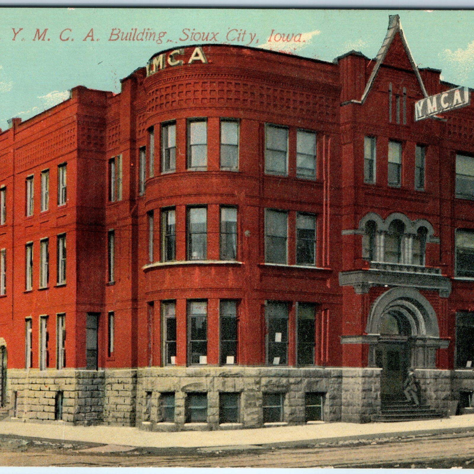 c1910s Sioux City, IA YMCA Building Red Brick Postcard Horse Carriage Wagon