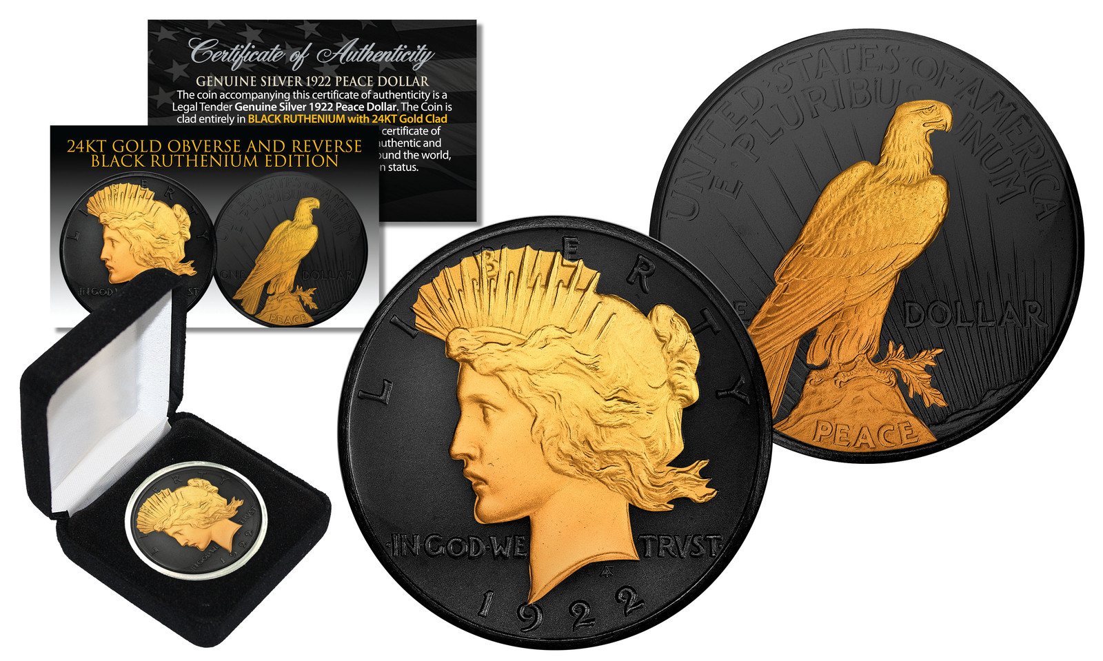 1922-1925 Genuine AU PEACE SILVER DOLLAR Coin 24K Gold & BLACK RUTHENIUM w/ BOX