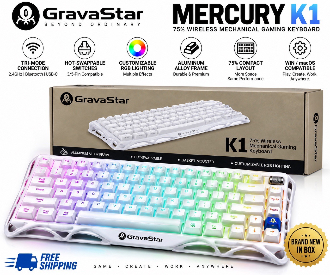 GravaStar Mercury K1 75% Wireless Mechanical Gaming Keyboard RGB White NEW