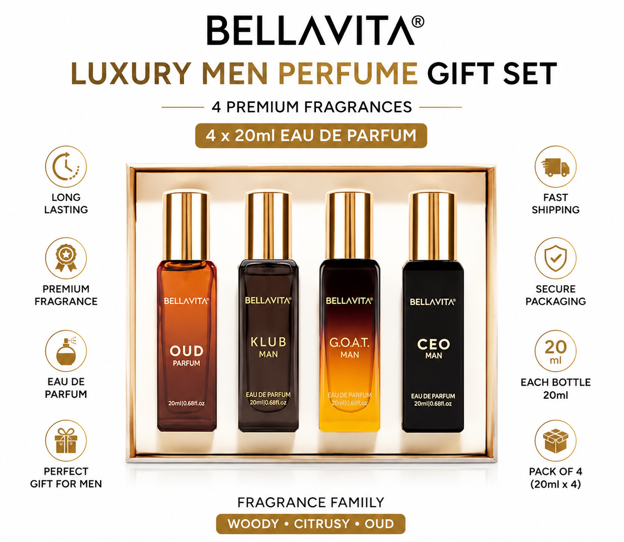 Bella Vita Men Perfume Gift Set ( 4x20ml ) KLUB OUD CEO GOAT Woody Citrus EDP FS