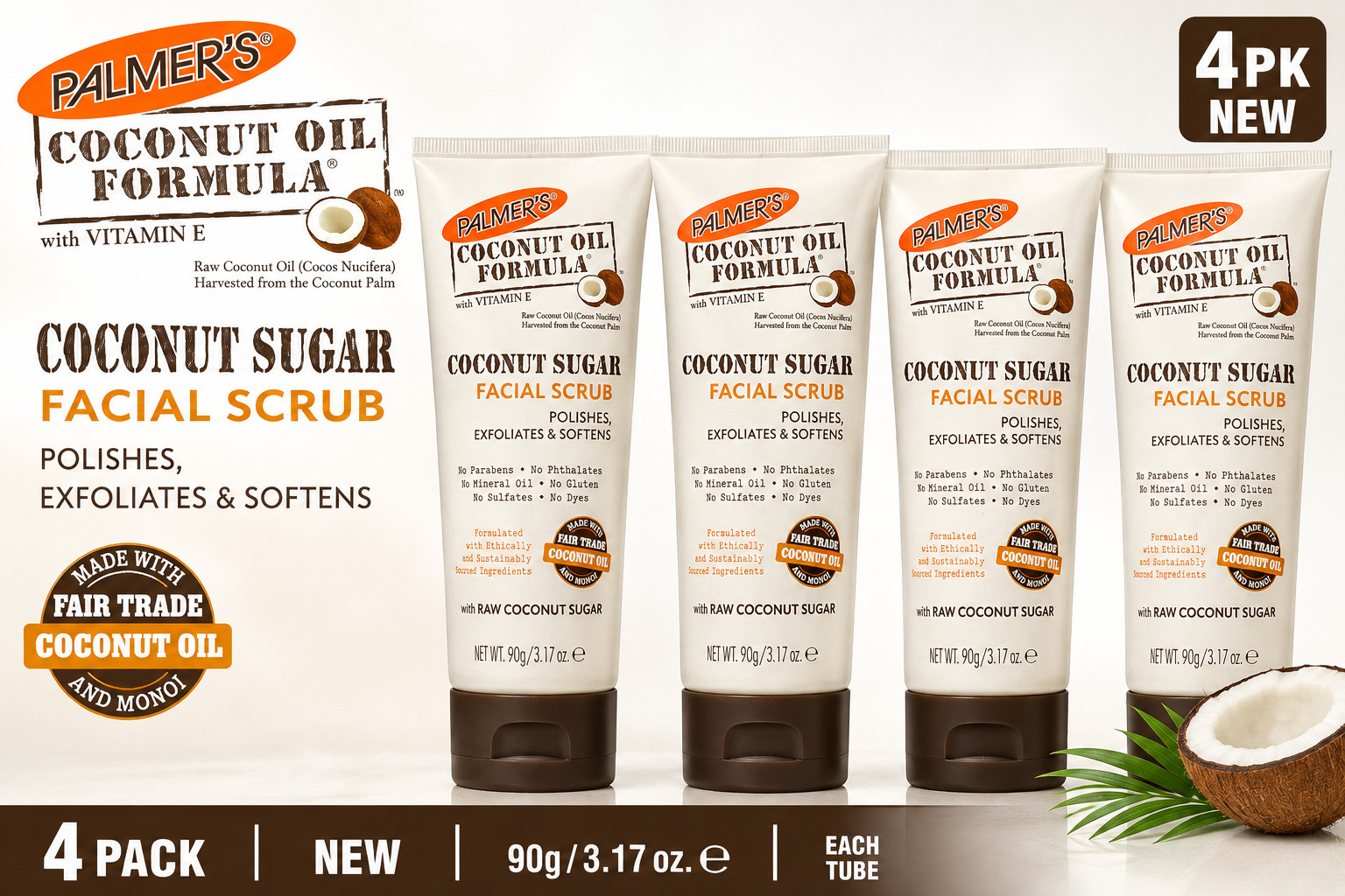 Palmer\'s Coconut Oil Formula Coconut Sugar Facial Scrub 3.17 oz 4 Pack NEW