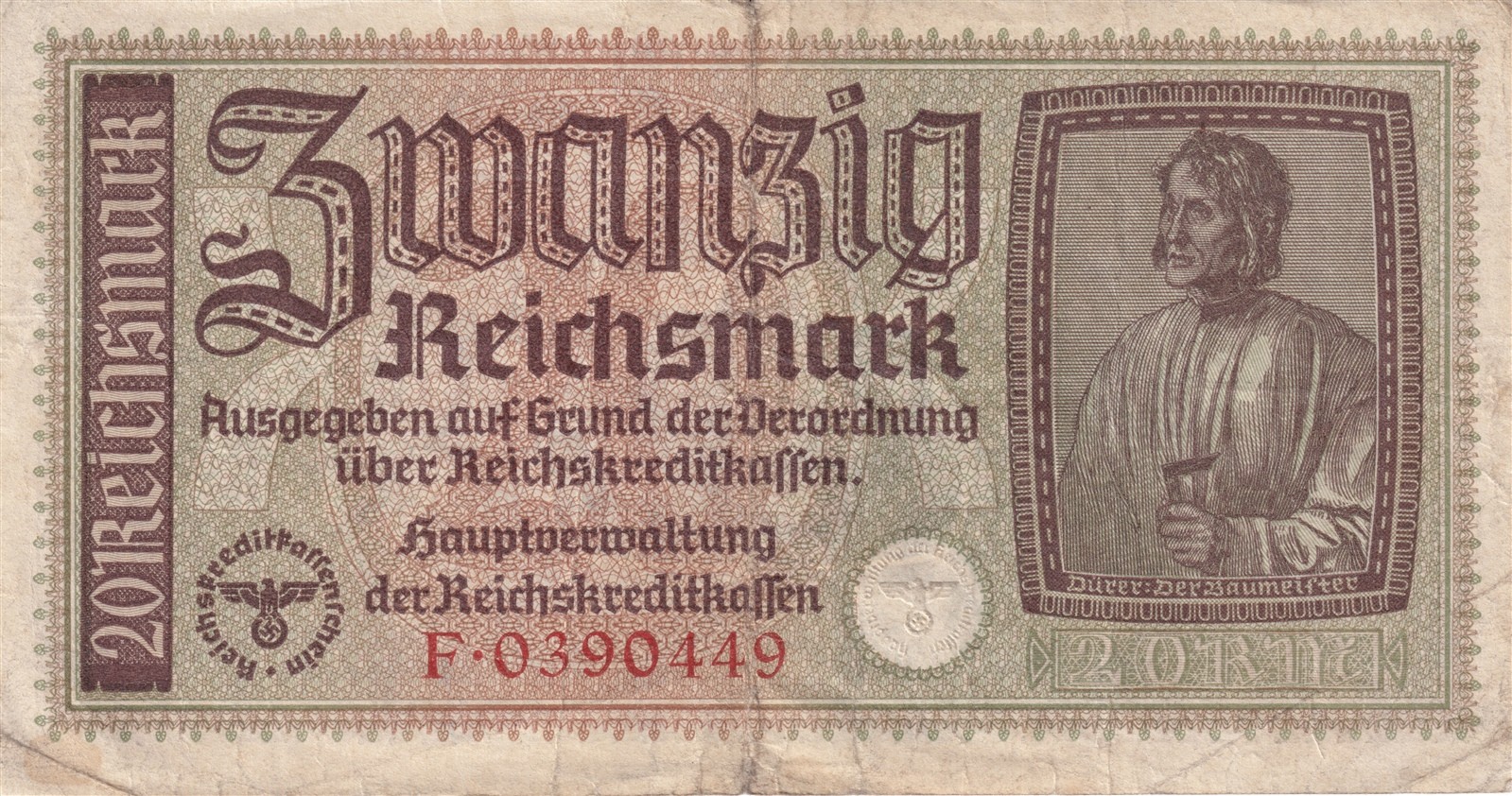 Currency Germany 1940 WW2 Fascism War Era 20 Reichsmark Zwanzig Circulated WORN