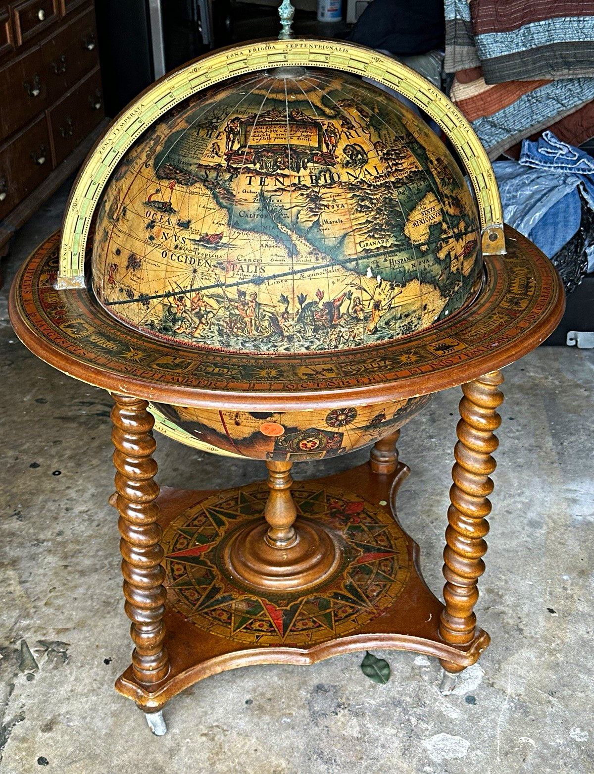 Antique Style Rotating Floor Globe Bar, Wood Base, Freestanding, Made in Italy