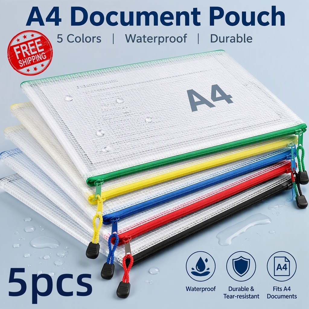 5 PCS A4 Zippered document bag, Waterproof file bag/Zipper sealed bag(5 Color)