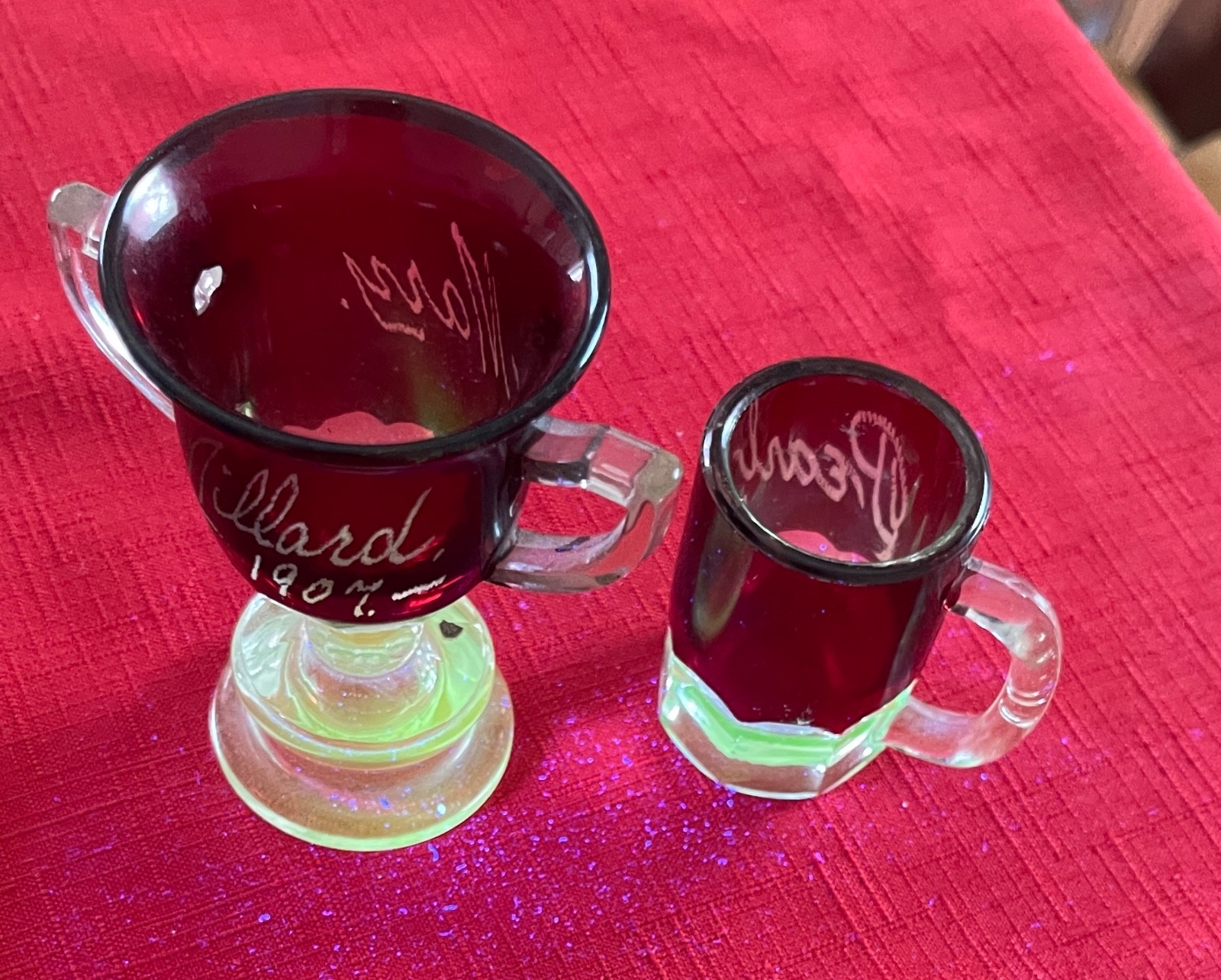 Ruby Flash Souvenir Pieces (2)  w Names Millard & Mary 1907 & Pearl 1911 Glow