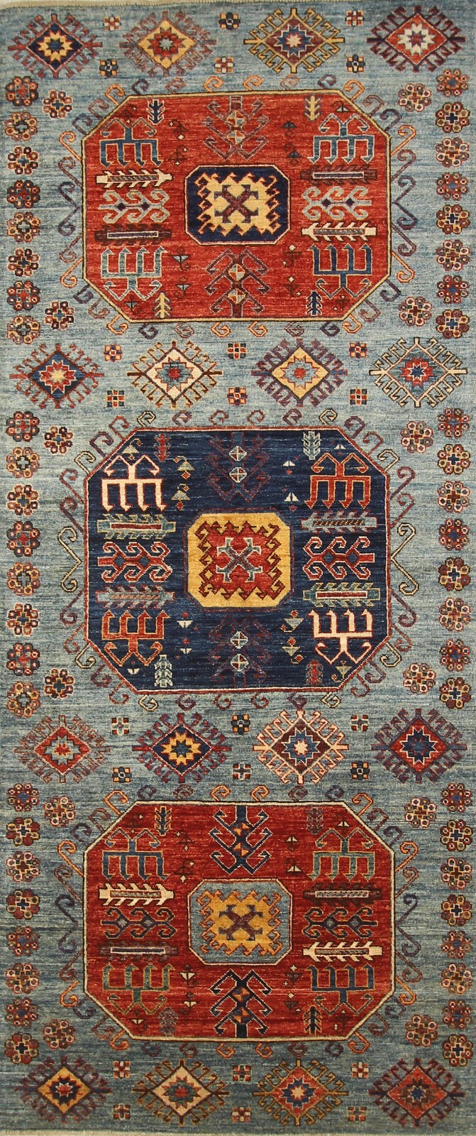 4 x 10 ft Blue Kazak Afghan Hand knotted Tribal Wide Runner Rug