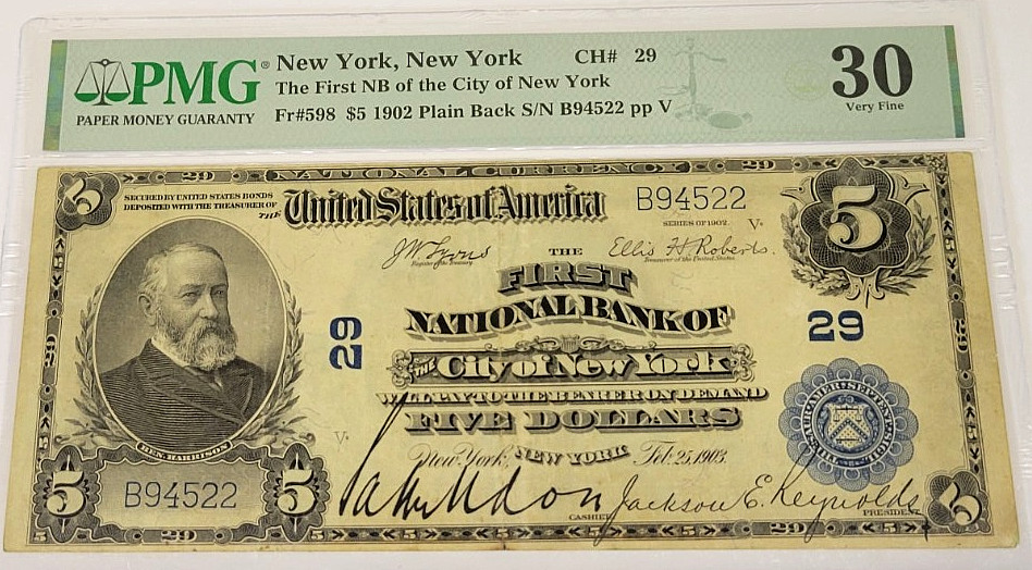 $5 1902 First National Bank City of New York PMG Very Fine 30 Charter 29 $5 1902 First National Bank City of New York PMG Very Fine 30 Charter 29