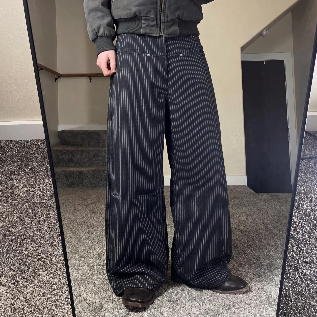 Y2K Baggy Wide Leg Pinstripe Trousers Black Skater Style Low Rise 32 X 30