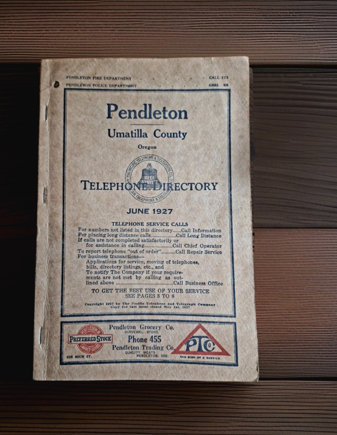 Vintage-1927 PENDLETON TELEPHONE DIRECTORY BOOK JUNE 1927 * RARE *