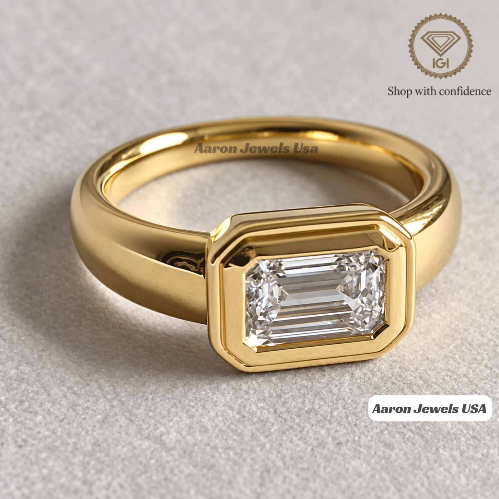 IGI 3Ct Emerald F VVS2 Lab Grown Diamond Bezel Mens Ring 14K Yellow Gold