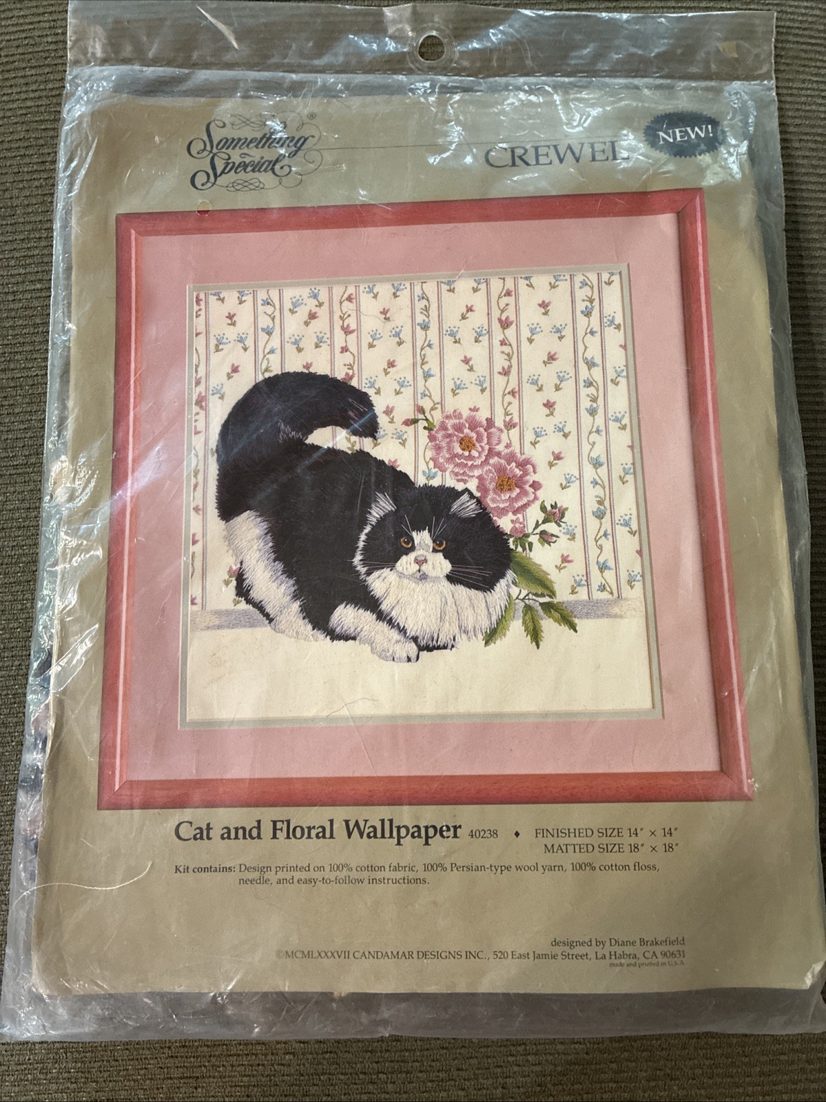 Cat Crewel Kit Dimensions Orange Tabby Sunset Floral Ivy Gardenia Wool Yarn RARE