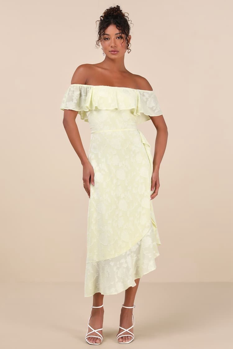 Lulus Pretty Perfect Dress Large Midi Yellow Floral Burnout Off Shoulder NWT