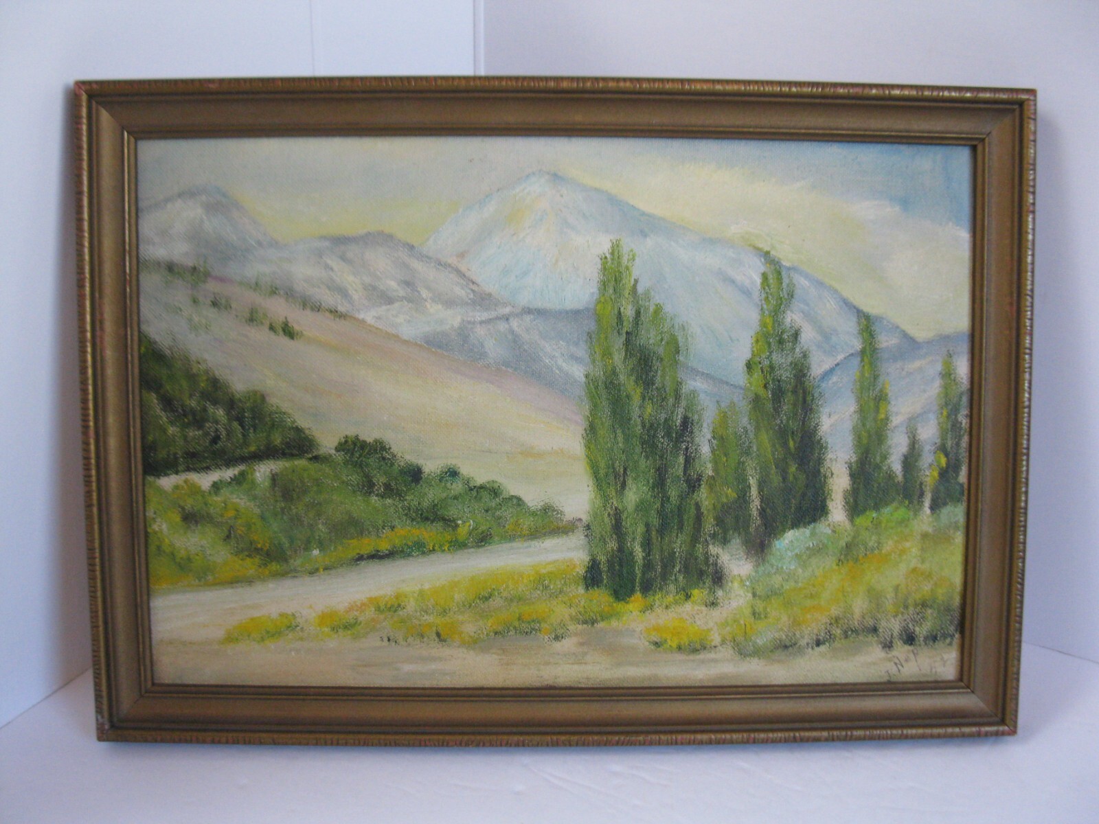 Original Landscape Oil Painting Trees Snow Mountains Signed J.Nep Dated 52 Original Landscape Oil Painting Trees Snow Mountains Signed J.Nep Dated 52