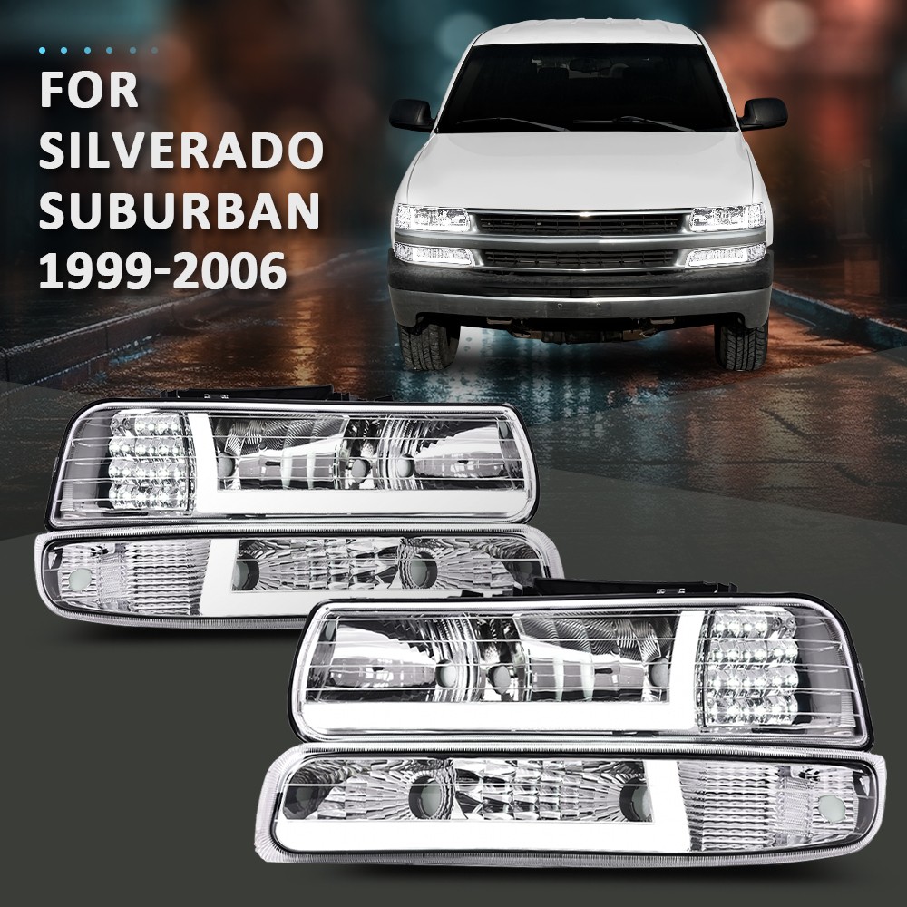 Headlight+Bumper Lamps Chrome For 1999-2002 Chevy Silverado 1500 2500 HD LED DRL