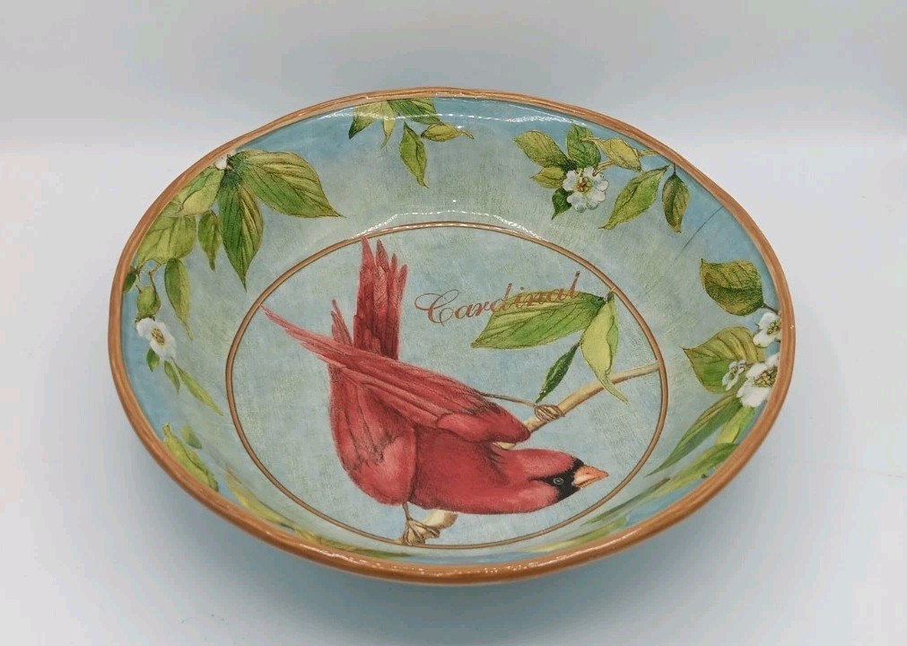 Vtg. Certified International Large Serving/Pasta Bowl: Botanical Birds: Cardinal