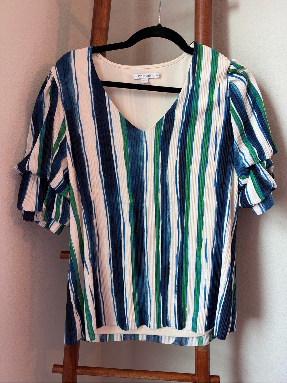 Chico\'s Blue, Green & White Striped V-Neck Ruffle Sleeve Blouse Chico\'s Blue, Green & White Striped V-Neck Ruffle Sleeve Blouse