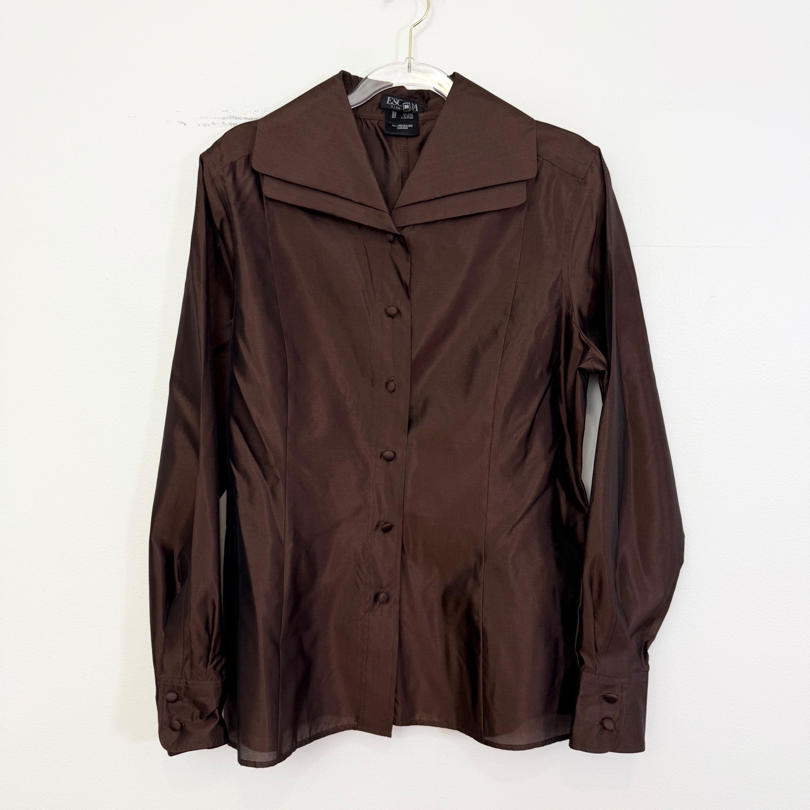 Vintage Escada Elements Brown Silk Satin Button Front Blouse EU 38 US 8