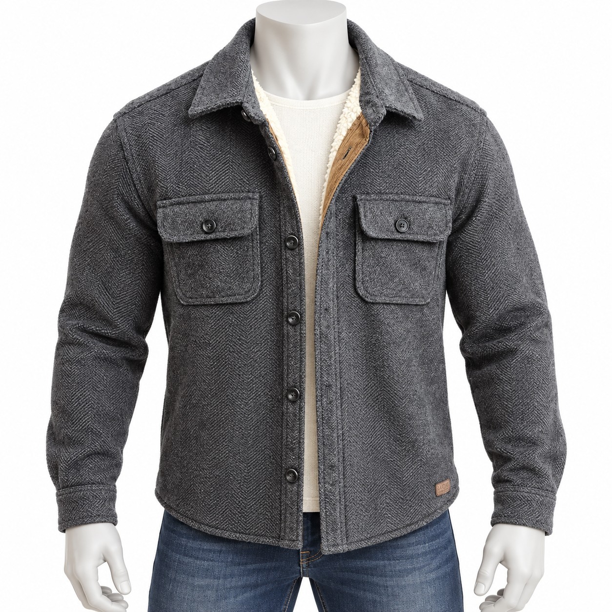 TITLE:JACHS New York Mens L Gray Herringbone Sherpa Lined Shirt Jacket Shacket